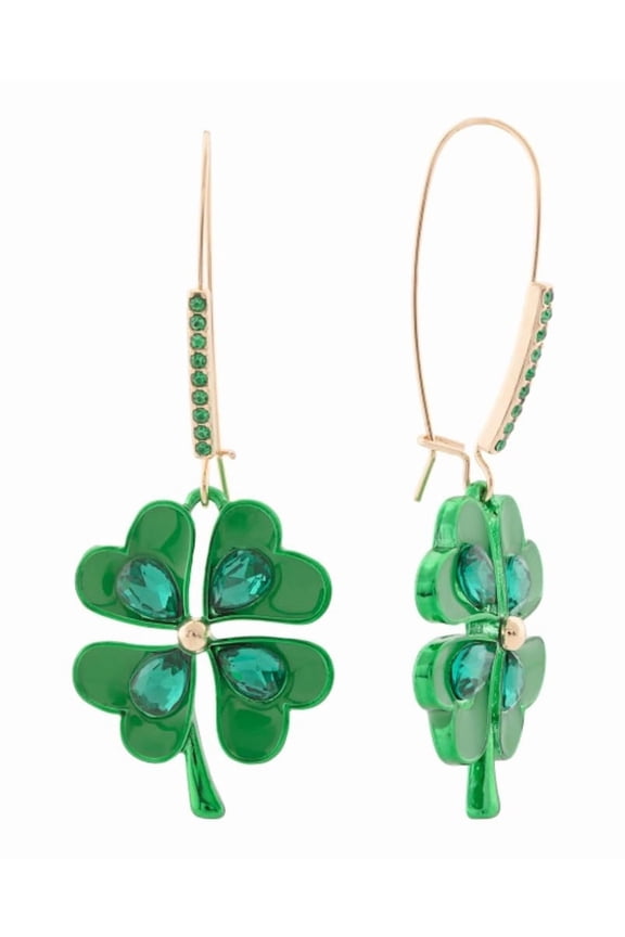 Lucky Shamrock Earrings, Green Four Leaf Clover with Crystal Accents, Gold Tone French Wire