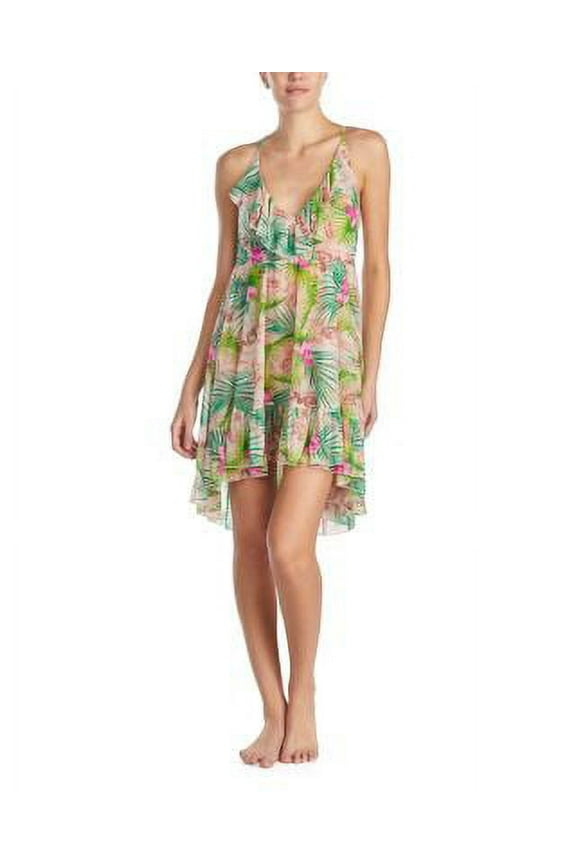 Multi Floral Knit Chiffon Pajama Midi Slip Chemise Pink Large