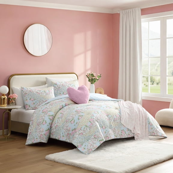 Betsey Johnson Patchwork Floral Solid Reverse Twin Comforter Set, Cozy Bedding with Shams, Machine Washable