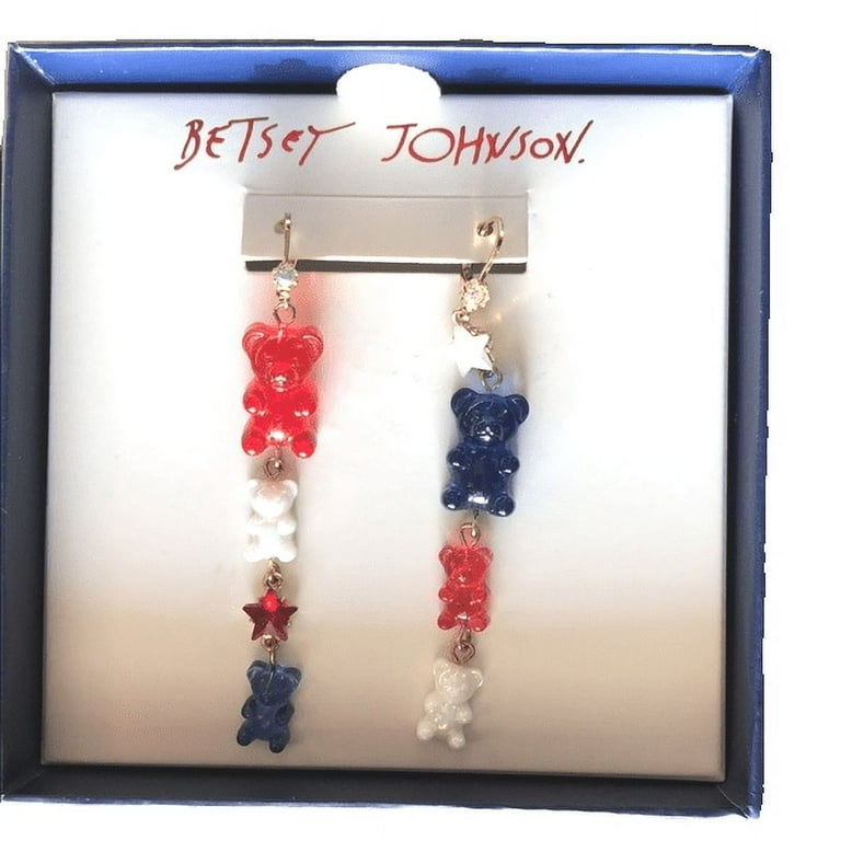 Betsey Johnson Patriotic Gummy Bear Linear Mismatch Earrings in Red White Blue Jewelry