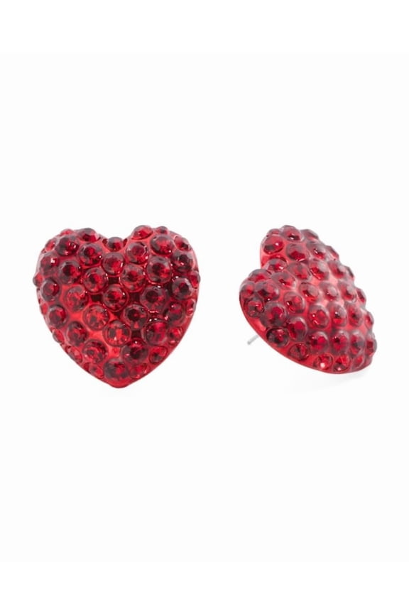 Pave Crystal Heart Shaped Button Stud Earrings, Red, Post Back Closure