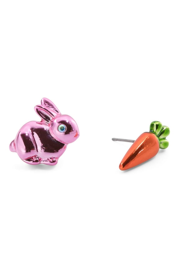 Pink Bunny & Carrot Mismatch Stud Earrings
