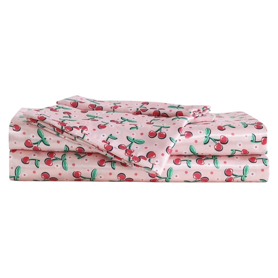 Betsey Johnson - Queen Bed Sheets, Satin Bedding Set with Matching Pillowcases, Wrinkle & Fade Resistant, Silky Smooth for Healthy Hair (Cherry Good Day Pink)