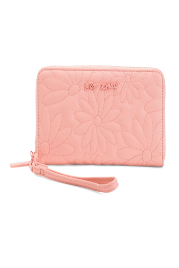Quilted Floral Zip-Around Wallet with Removable Wristlet Strap (Peach)