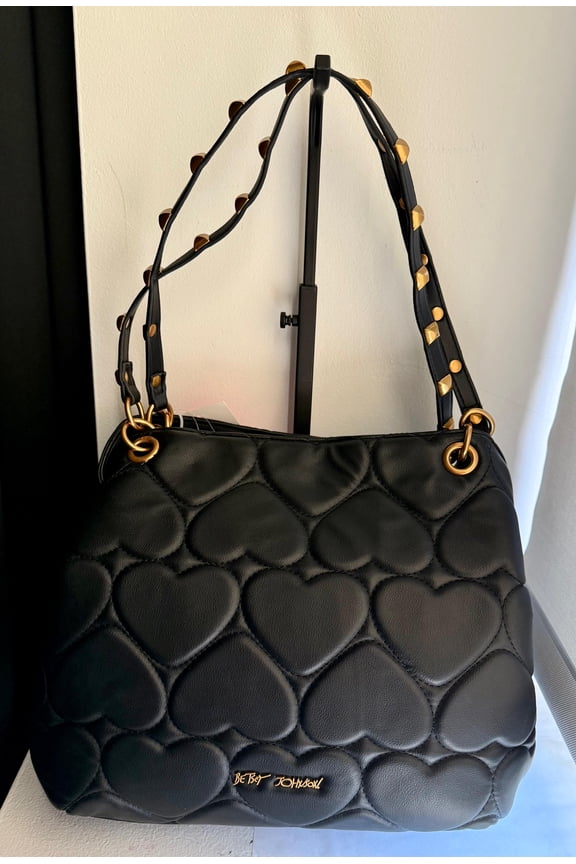 Quilted Heart Black Bag - Studded Straps and Charms