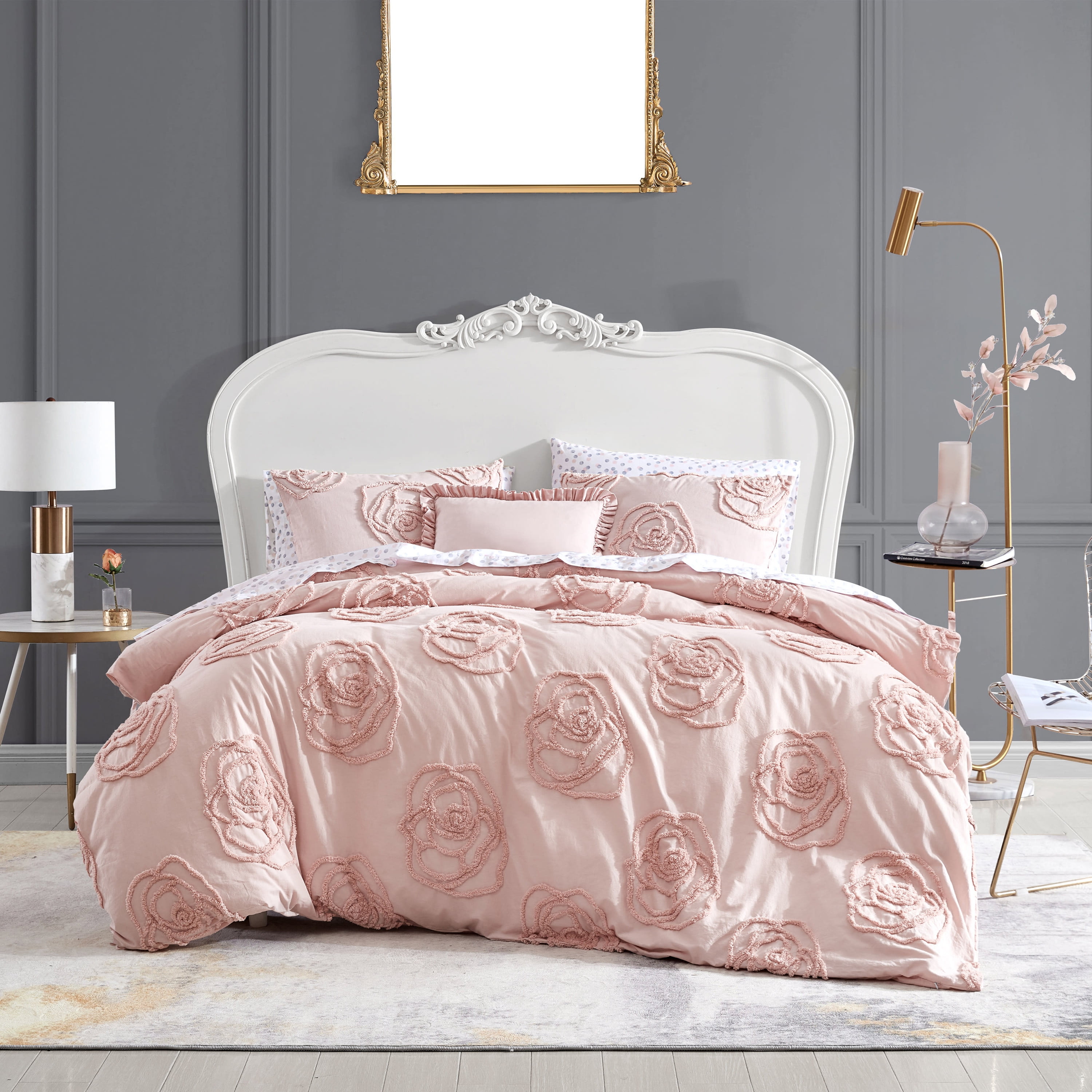 Blush Pink Cotton Full/Queen Duvet Cover Set with Tufted Roses