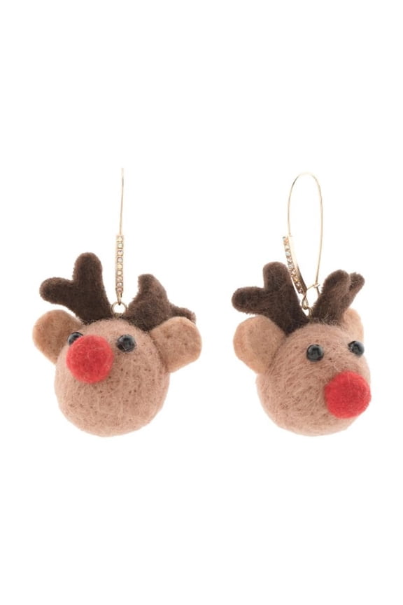 Reindeer Plush Drop Earrings, Needle Felt Design, Fish Hook Closure