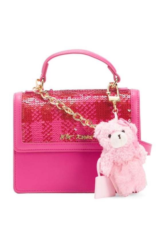 Sequined Top Handle Crossbody Bag with Teddy Bear Charm, Pink, Gold Chain Strap, Dual Compartment, 8x6 Inch