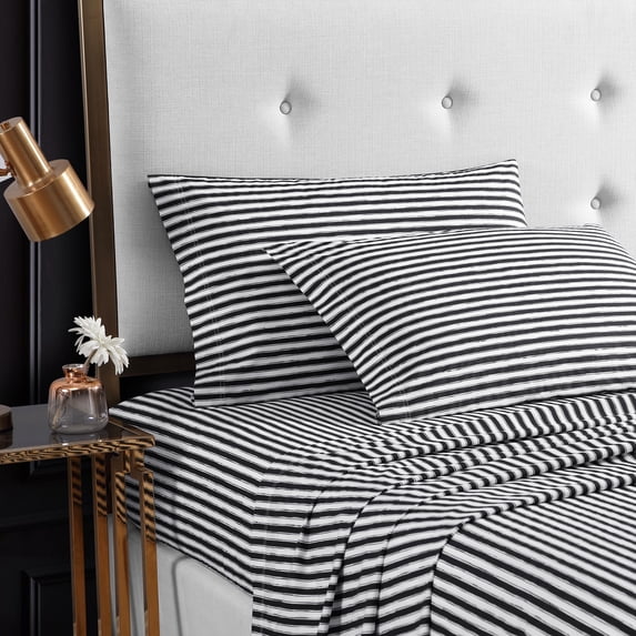 Betsey Johnson Sketchy Stripe Cotton Percale White Queen Sheet Set
