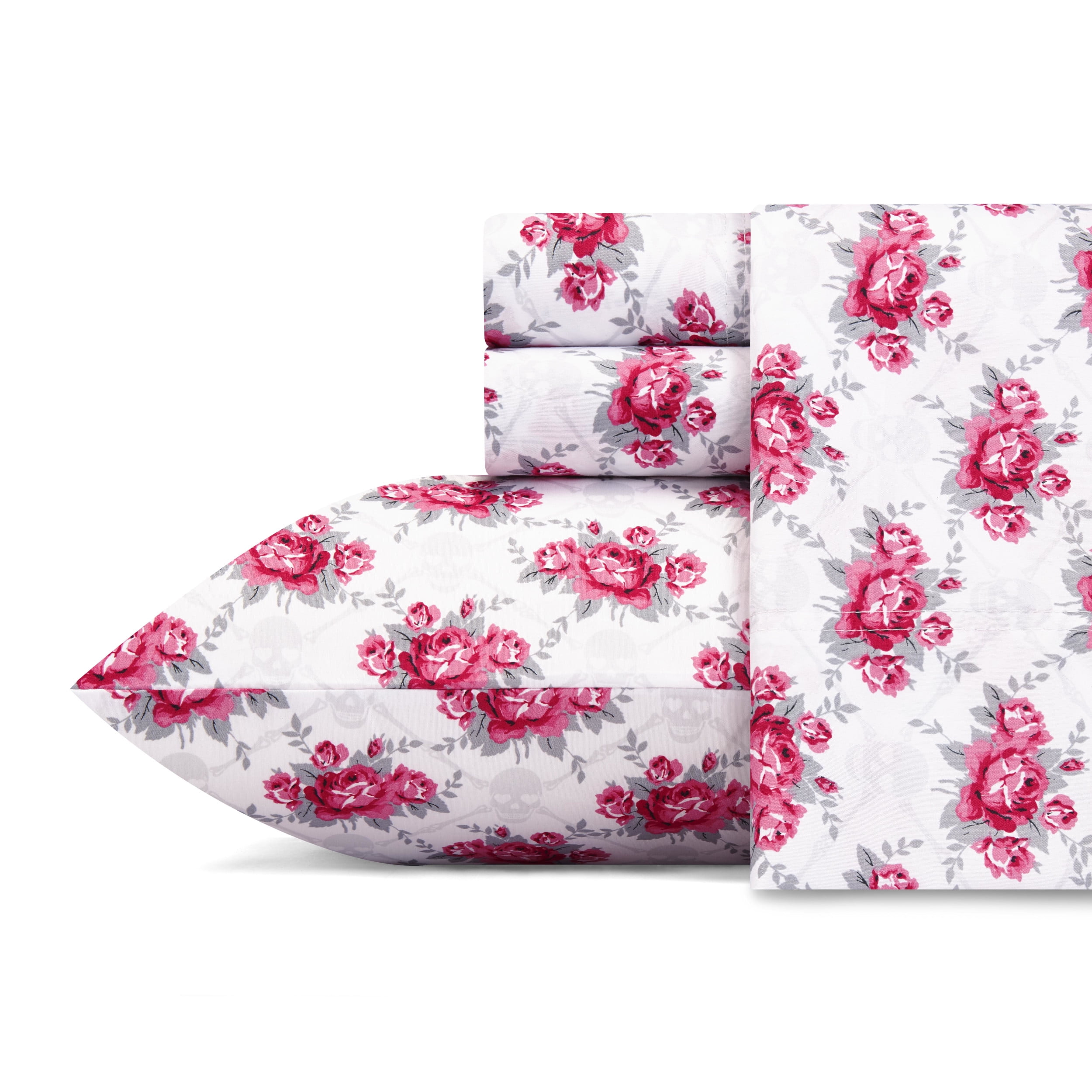 Twin XL Pink Rose Skull Trellis Microfiber Sheet Set