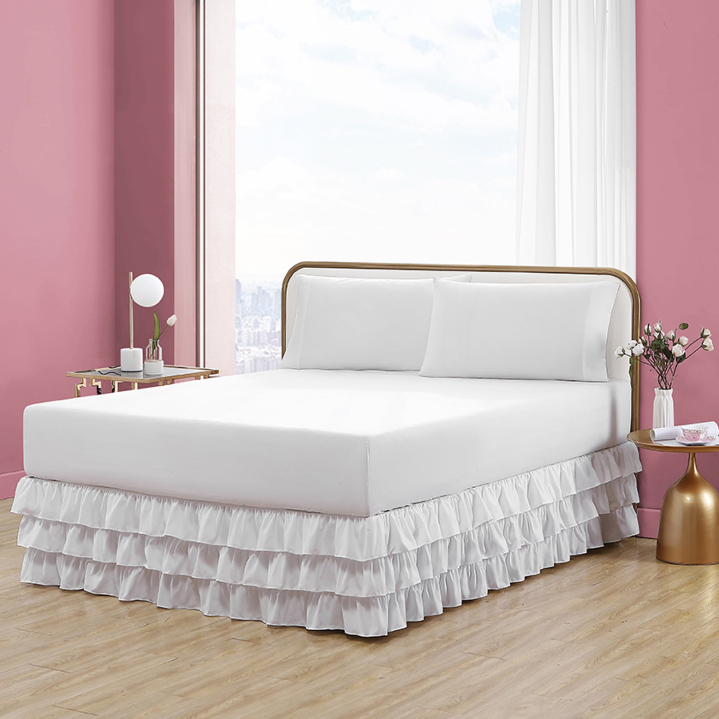 Solid White Full Ruffled Polyester Bed Skirt with 15" Drop