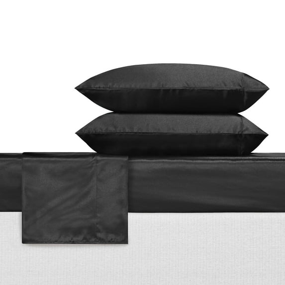 Betsey Johnson Solid Satin Black 4 Piece Sheet Set-Queen