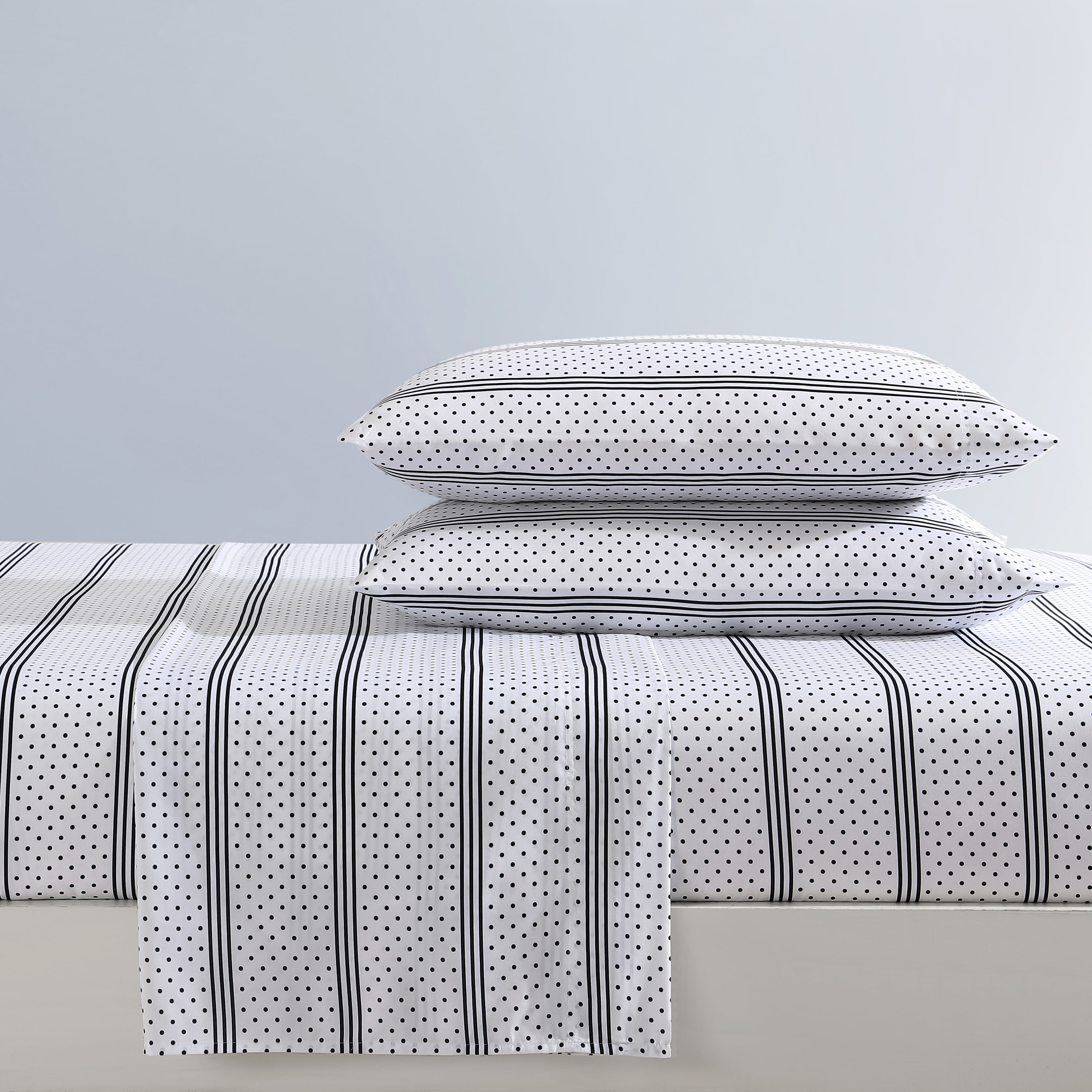 Queen Black and White Dots and Stripes Microfiber Sheet Set
