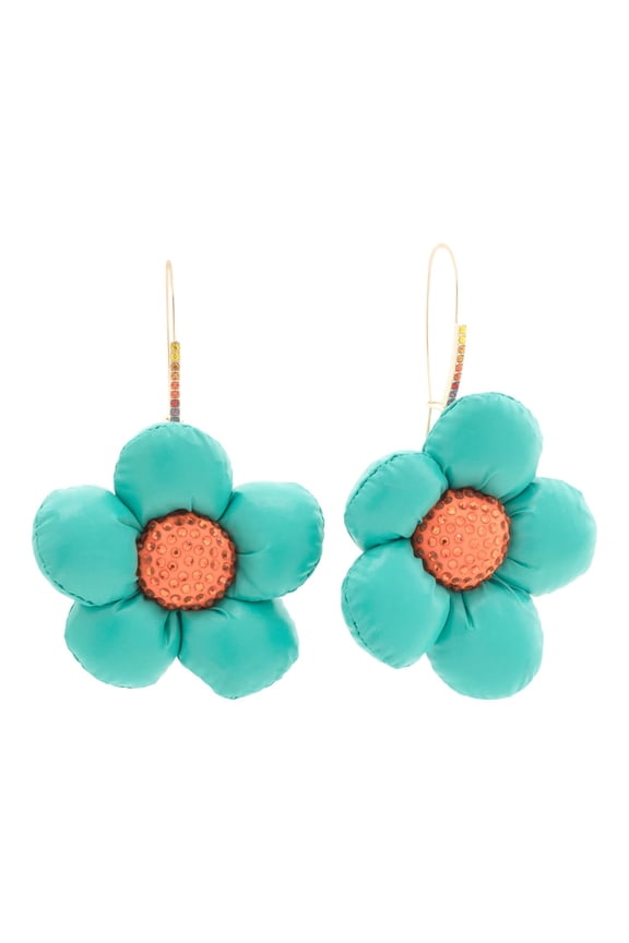 Teal Puffer Flower Drop Earrings, Crystal Accents, Gold Tone, Lever Back Closure