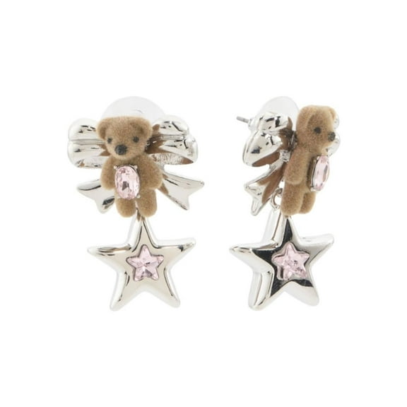 Betsey Johnson Teddy Bear and Star Drop Earrings, Silver-Tone with Pink Crystal, Post Back