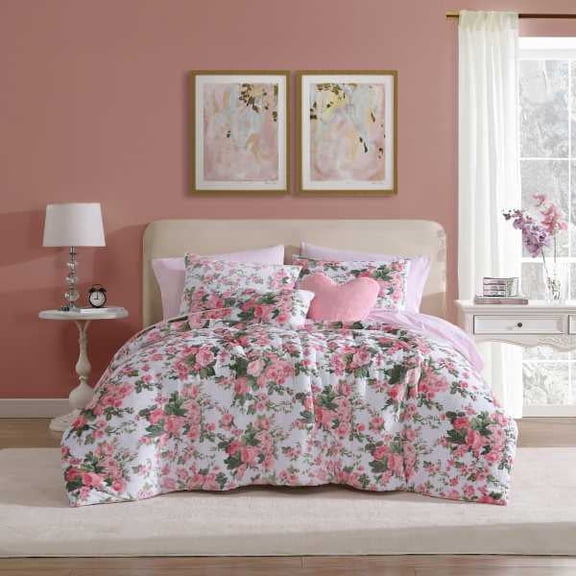 Betsey Johnson - Twin Comforter Set, Soft Plush Bedding with Matching Sham & Throw Pillows, Dorm Essentials (Vintage Floral Pink)