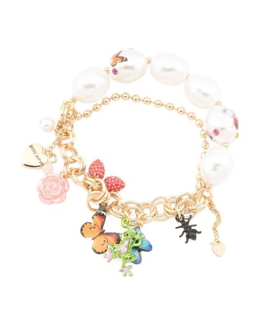 Betsey Johnson Women's Betsey's Backyard Butterfly Mixed Charm Pearl Stretch Bracelet