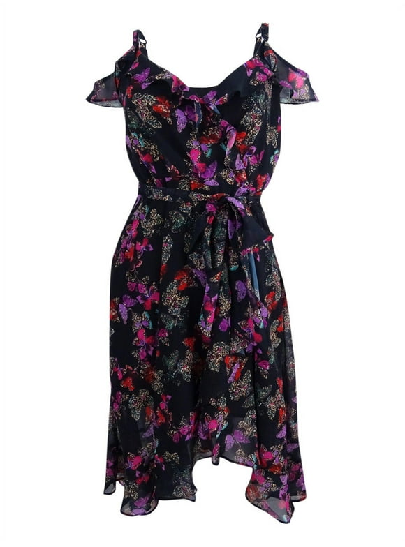 Betsey Johnson Women's Printed Cold-Shoulder Wrap Dress (0, Black/Multi)