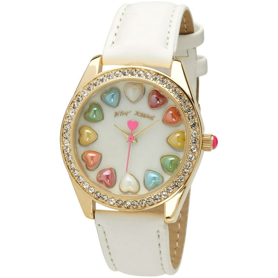 Betsey Johnson Women's Watch - Vegan Leather Strap Crystal Studded Wristwatch, Quartz Movement: BJW052, Size One Size, Yellow/White
