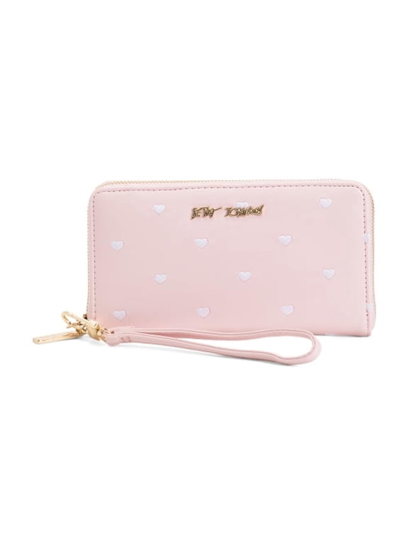 Zip Around Wallet with Wristlet Strap, Pink with Embroidered Hearts, Gold Hardware, 8.5 x 4.5 Inches