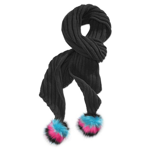 Betsey Johnson xox Trolls Black Knit Scarf With Faux Fur Pom Poms
