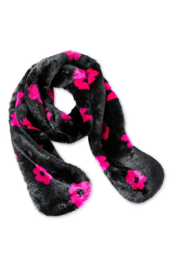 xox Trolls Black and Pink Floral Faux Fur Muffler Scarf