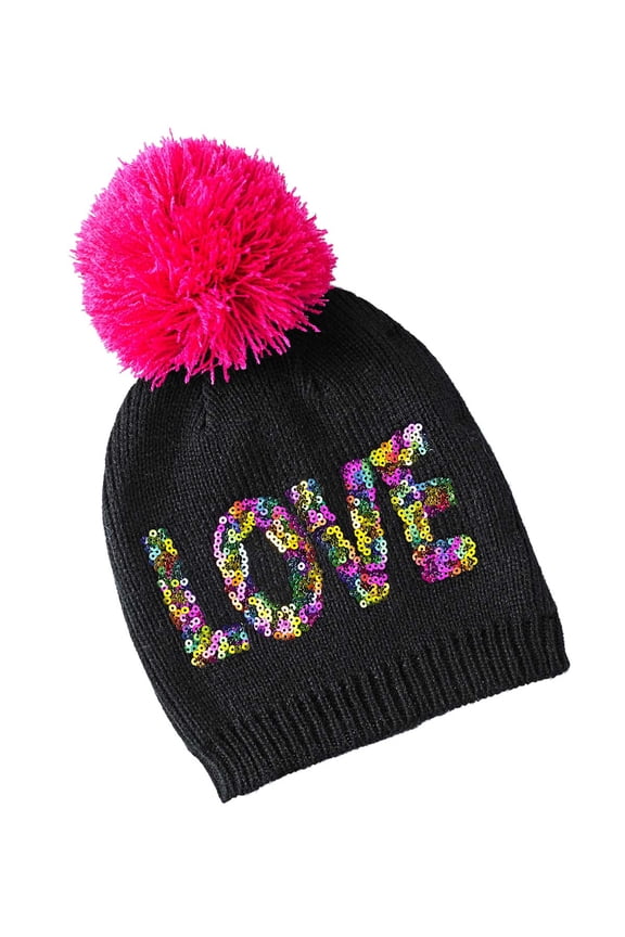 xox Trolls Love Black Sequined Beanie Hat With Pom Pom