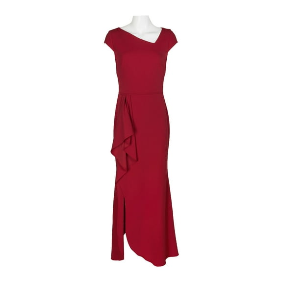 Betsey and Adam Asymmetrical Neck Cap Sleeve Flutter Side Slit Side Zipper Back Solid Scuba Dress-RED / 4