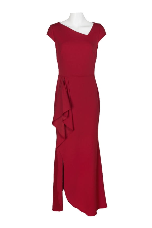 Betsey and Adam Asymmetrical Neck Cap Sleeve Flutter Side Slit Side Zipper Back Solid Scuba Dress-RED / 4