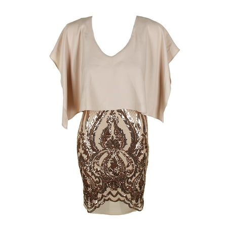 Betsy Adam Champagne Sequined Caped Sheath Dress 2