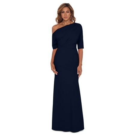 Betsy & Adam Long Scuba Crepe Over-The-Shoulder Gown Navy 14