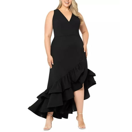 Betsy Adam Plus Size Asymmetric Ruffled Gown