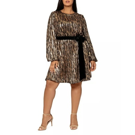 Betsy Adam Plus Size Sequin Tiger Print Belted Dress