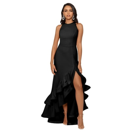 Betsy & Adam Women's Long Halter Crepe Tiered Ruffle Gown, Black 6