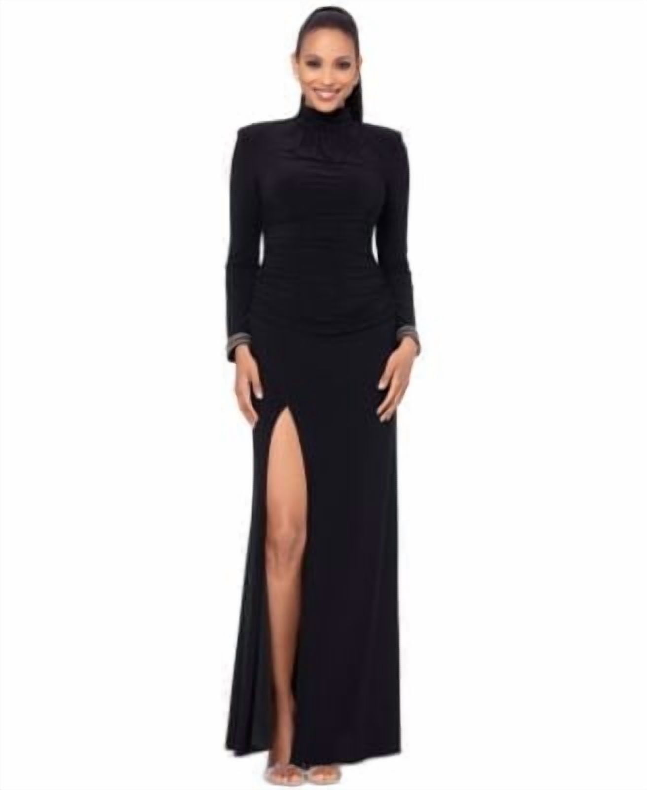 Betsy & Adam Women's V-Neck High-Low Ruffle Gown - Black Jersey Knit Dress, Size 8