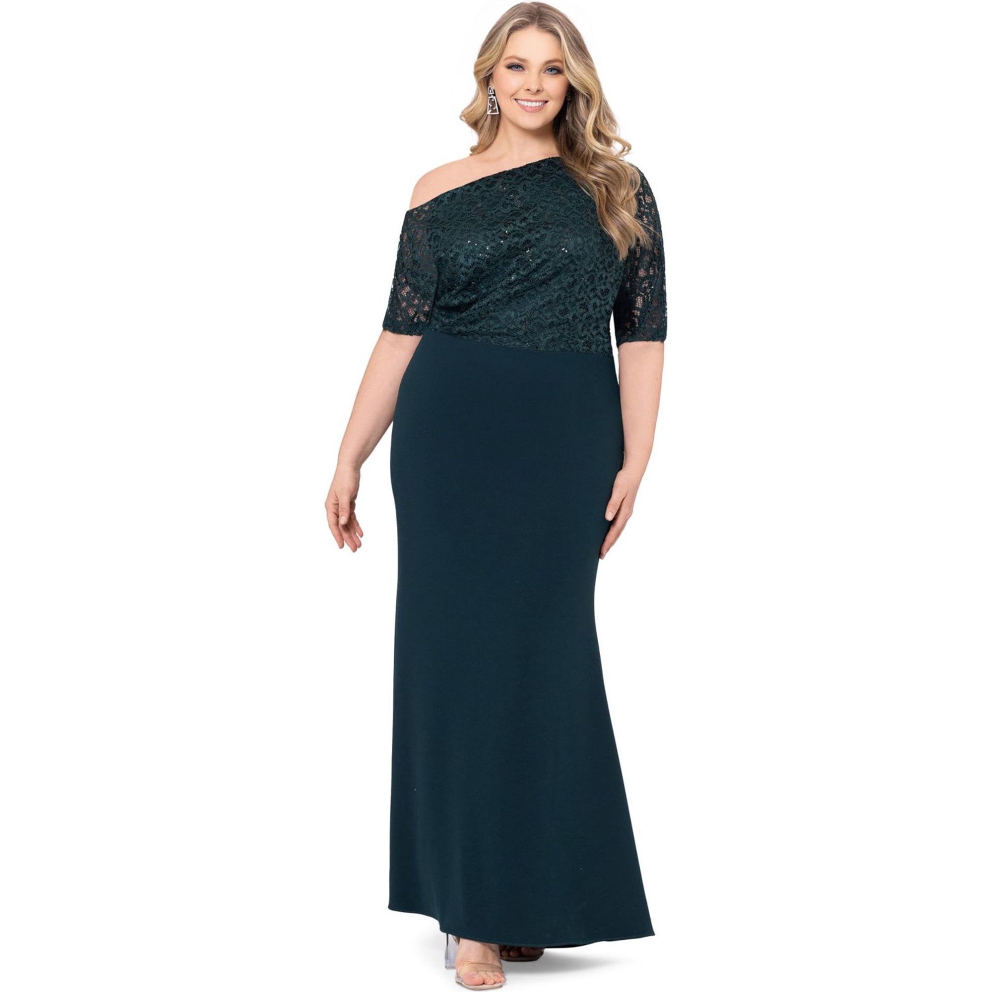 green semi dress Madeline Long Scuba Crepe Off the Shoulder Drop Dress Black / 16 main image 0