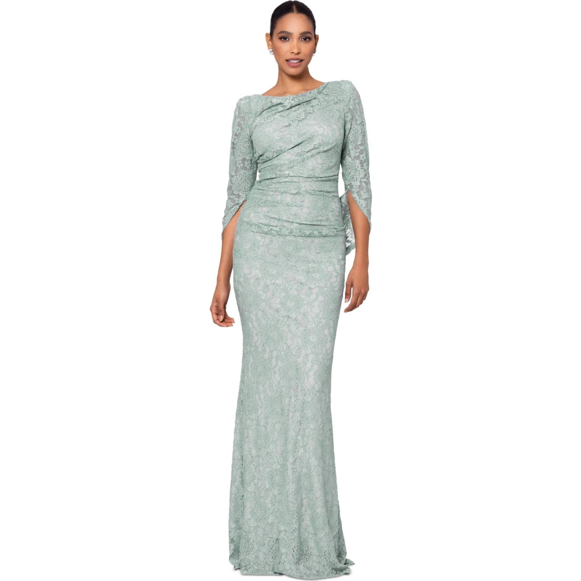 green semi dress Betsy & Adam Ruffle Prom Dress A24201 main image 0