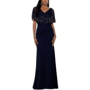B&A BY BETSY & ADAM Womens Navy Ruched Zippered V Back Lined Short Sleeve V Neck Full-Length Formal Gown Dress Petites 2P