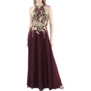 Betsy & Adam Womens Petites Embroidered Halter Evening Dress