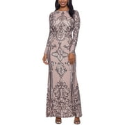 BETSY & ADAM Womens Brown Sequined Long Sleeve Jewel Neck Full-Length Evening Fit + Flare Dress Petites 2P