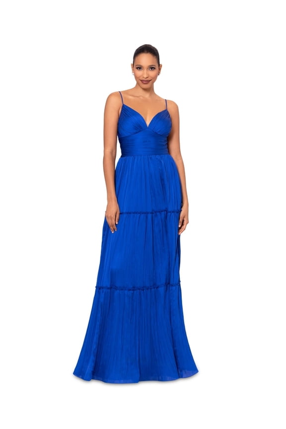 Betsy Adam Womens Pleated Tiered Gown Azure 2
