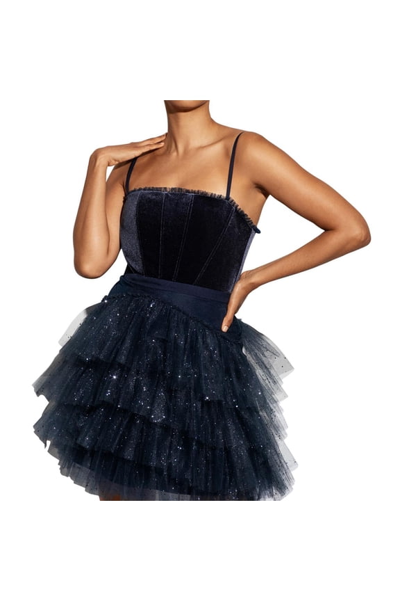 Womens Boning Tulle Fit & Flare Dress, Blue, 8