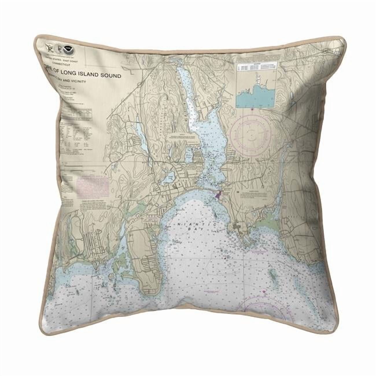 Betsy Drake  12 x 12 in. North Shore Long Island to Niantic Bay, CT Nautical Map - Tan Cord Small Corded Indoor & Outdoor Pillow