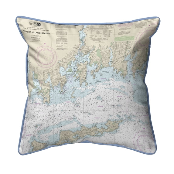 Betsy Drake Interiors Fishers Island Sound, RI Nautical Map Small Corded Indoor/Outdoor Pillow 12x12
