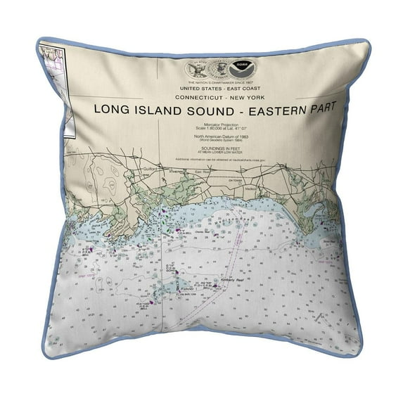 Betsy Drake Interiors Long Island Sound - Eastern Part Detail, NY Nautical Map Large Corded Indoor/Outdoor Pillow 18x18