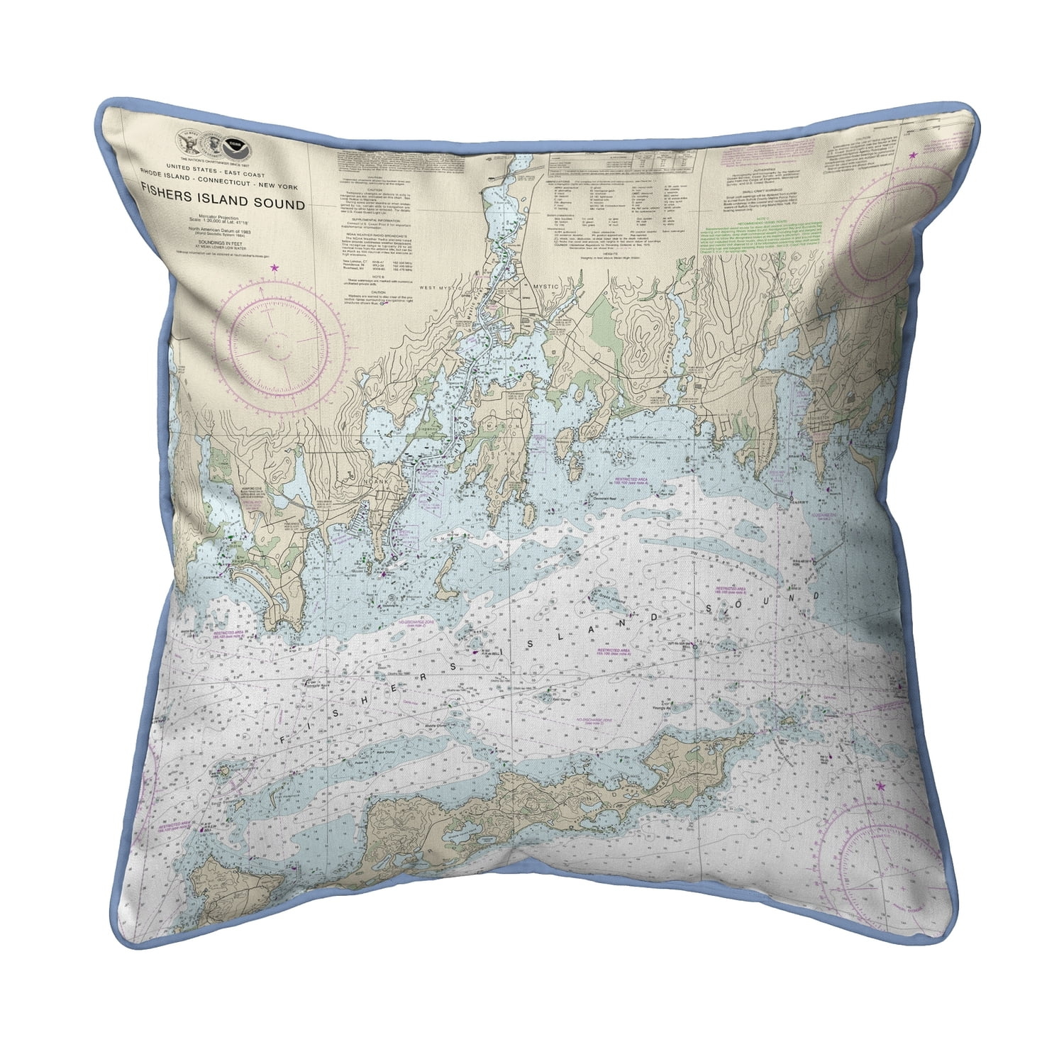 Betsy Drake HJ13214MH 18 x 18 in. Fishers Island Sound, RI Nautical Map Large Corded Indoor & Outdoor Pillow