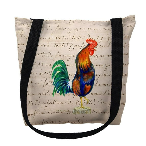 Betsy Drake Interiors Blue Rooster Beige Script Small Tote Bag 13x13