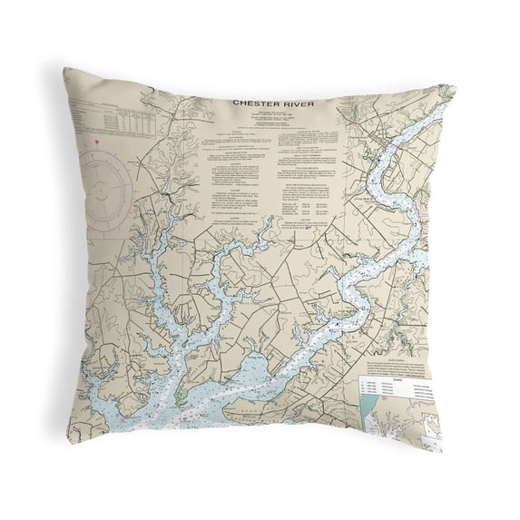 Betsy Drake Interiors Chester River, MD Nautical Map Noncorded Indoor/Outdoor Pillow 12x12