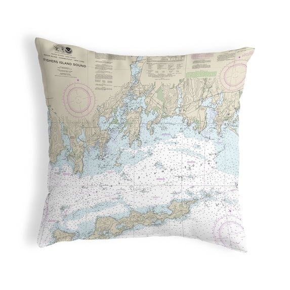 Betsy Drake Interiors Fishers Island Sound, RI Nautical Map Noncorded Indoor/Outdoor Pillow 12x12