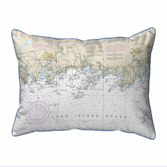 Betsy Drake Interiors Long Island Sound, NY Nautical Map Extra Large Zippered Indoor/Outdoor Pillow 20x24